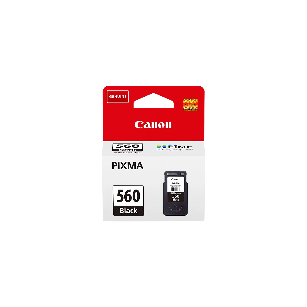 Black Canon PG-560 ink cartridge. The packaging says "Canon", "PIXMA", and "560 Black".