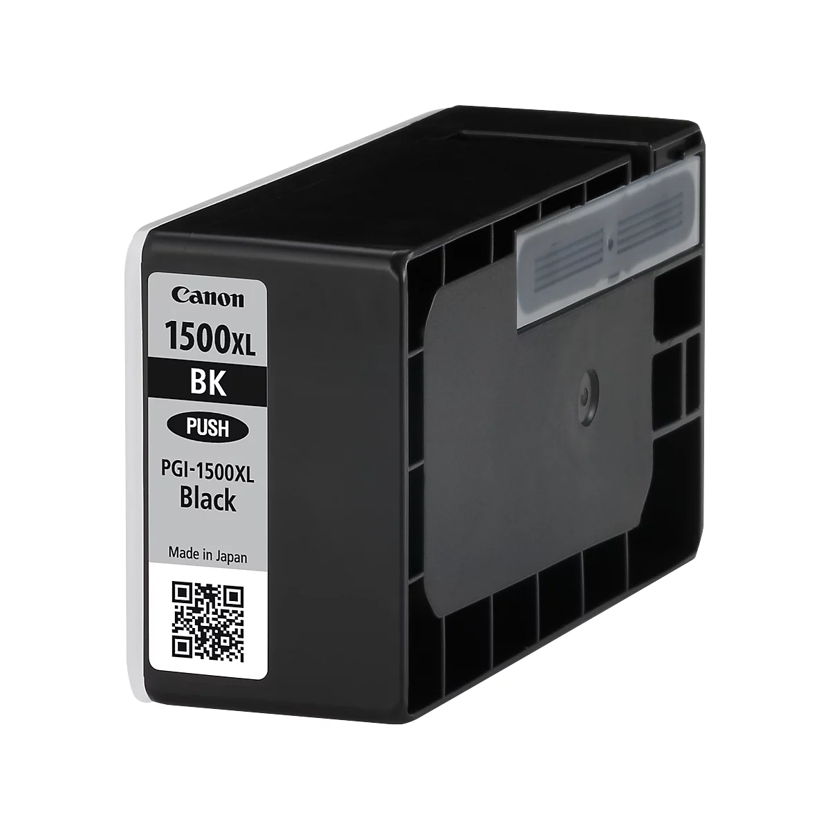 Black Canon 1500XL ink cartridge. The cartridge is labeled: 1500XL BK, PUSH, PGI-1500XL Black, Made in Japan. Sticker with QR code.