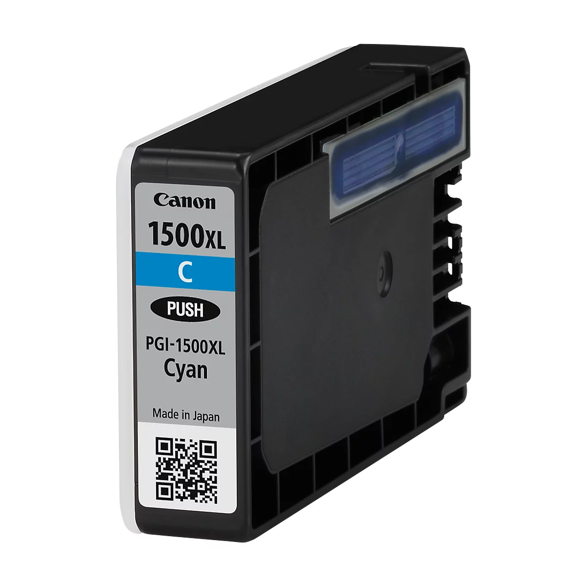 A Canon ink cartridge, cyan. Inscription: 1500XL, cyan, PUSH.