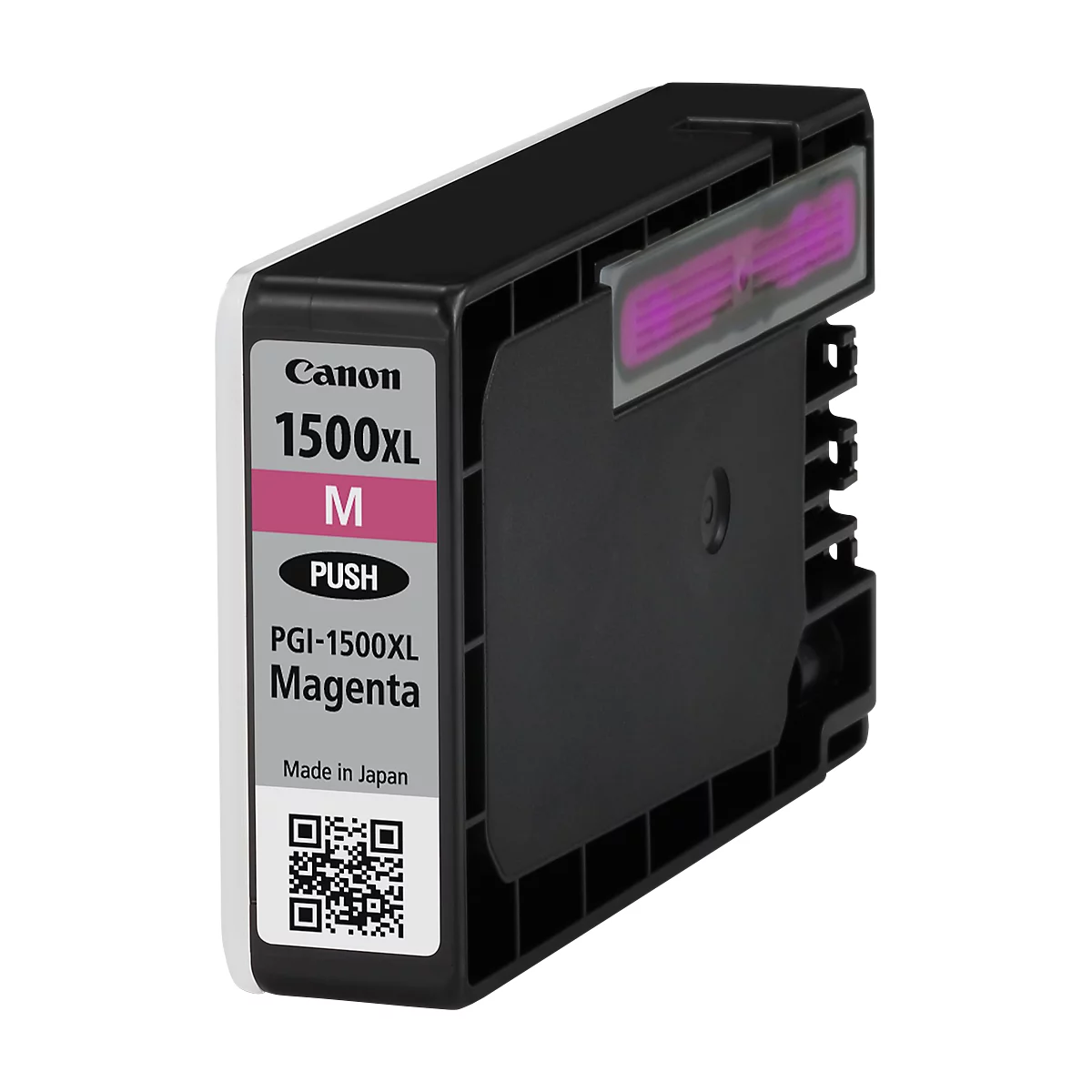 Magenta ink cartridge with black casing, Canon, 1500XL, M, PUSH, PGI-1500XL Magenta label, made in Japan.