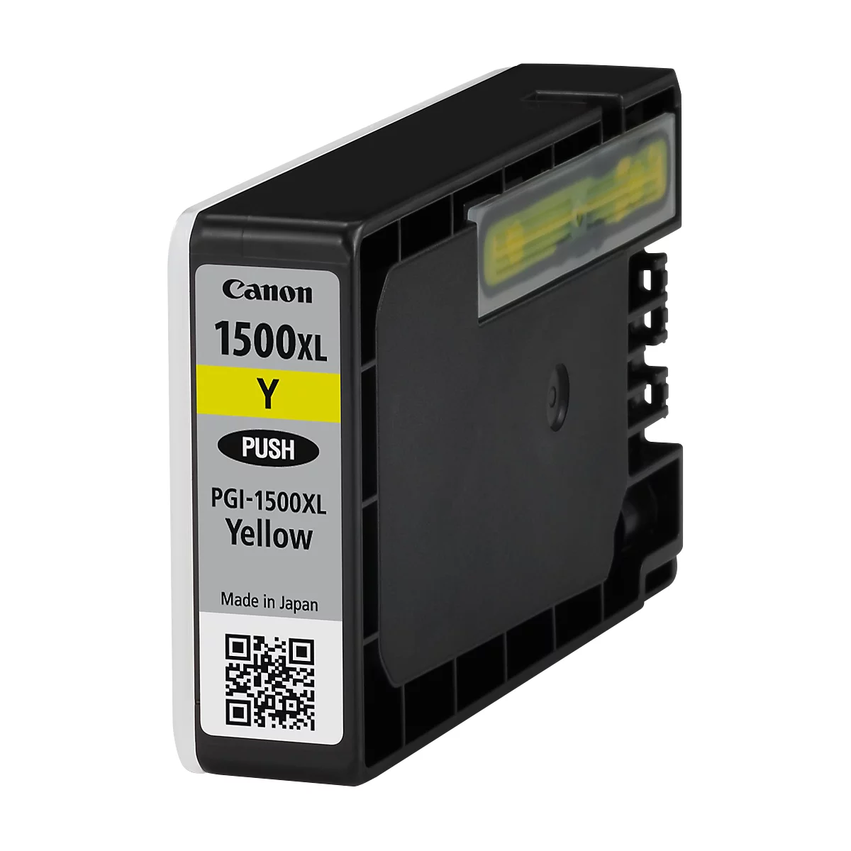 Yellow Canon ink cartridge with labels like '1500XL Y', 'PUSH' and 'Yellow'.
