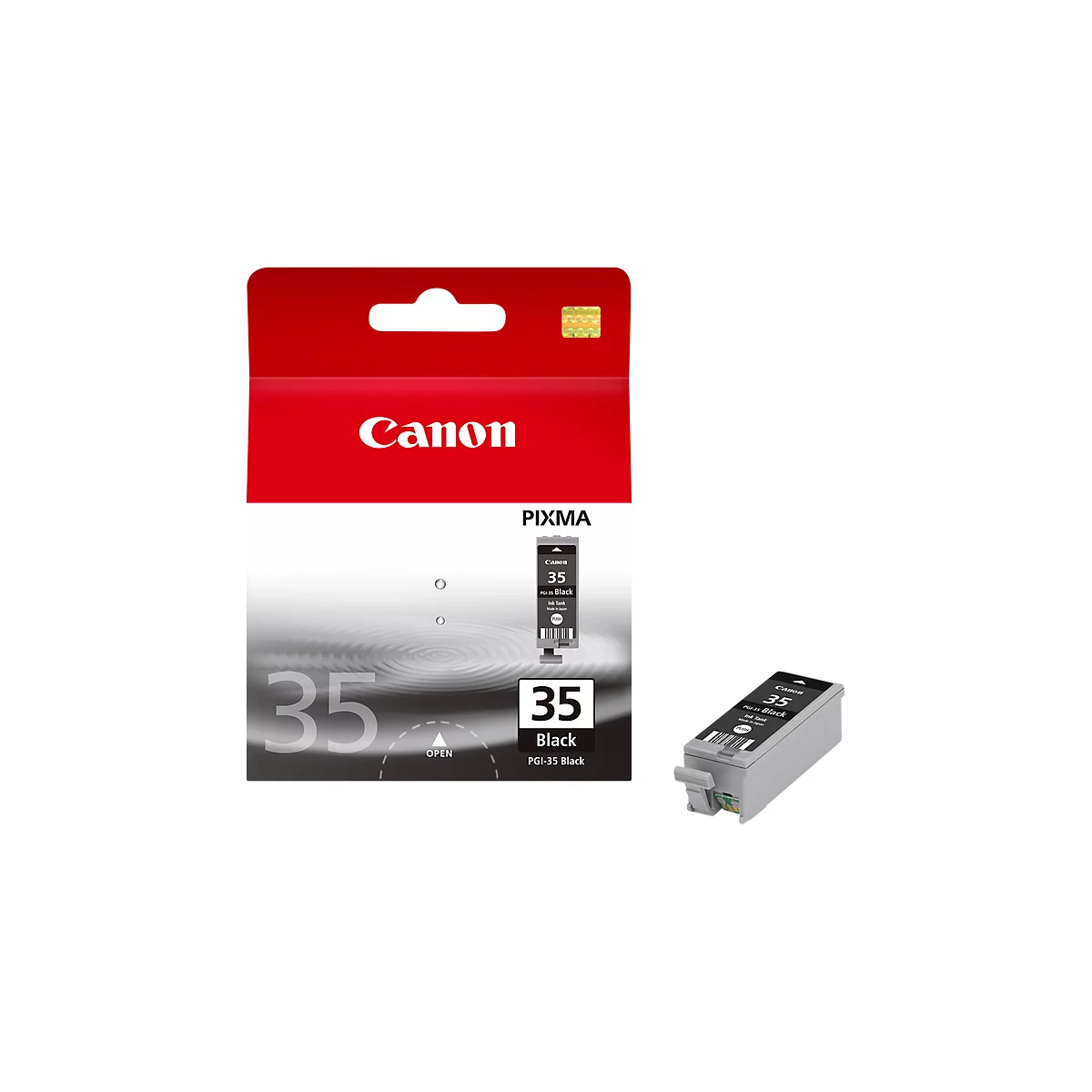 Black Canon ink cartridge PGI-35. Packaging is red with "Canon" lettering. Next to it the cartridge itself.