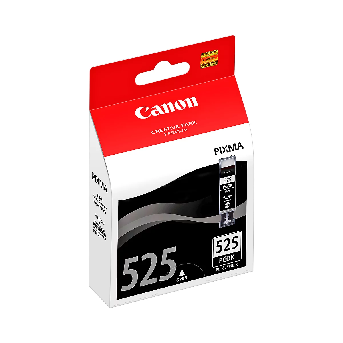 Canon 525 ink cartridge. The packaging is red, white, and black. The text "Canon", "Creative Park Premium", and "Pixma" is visible.