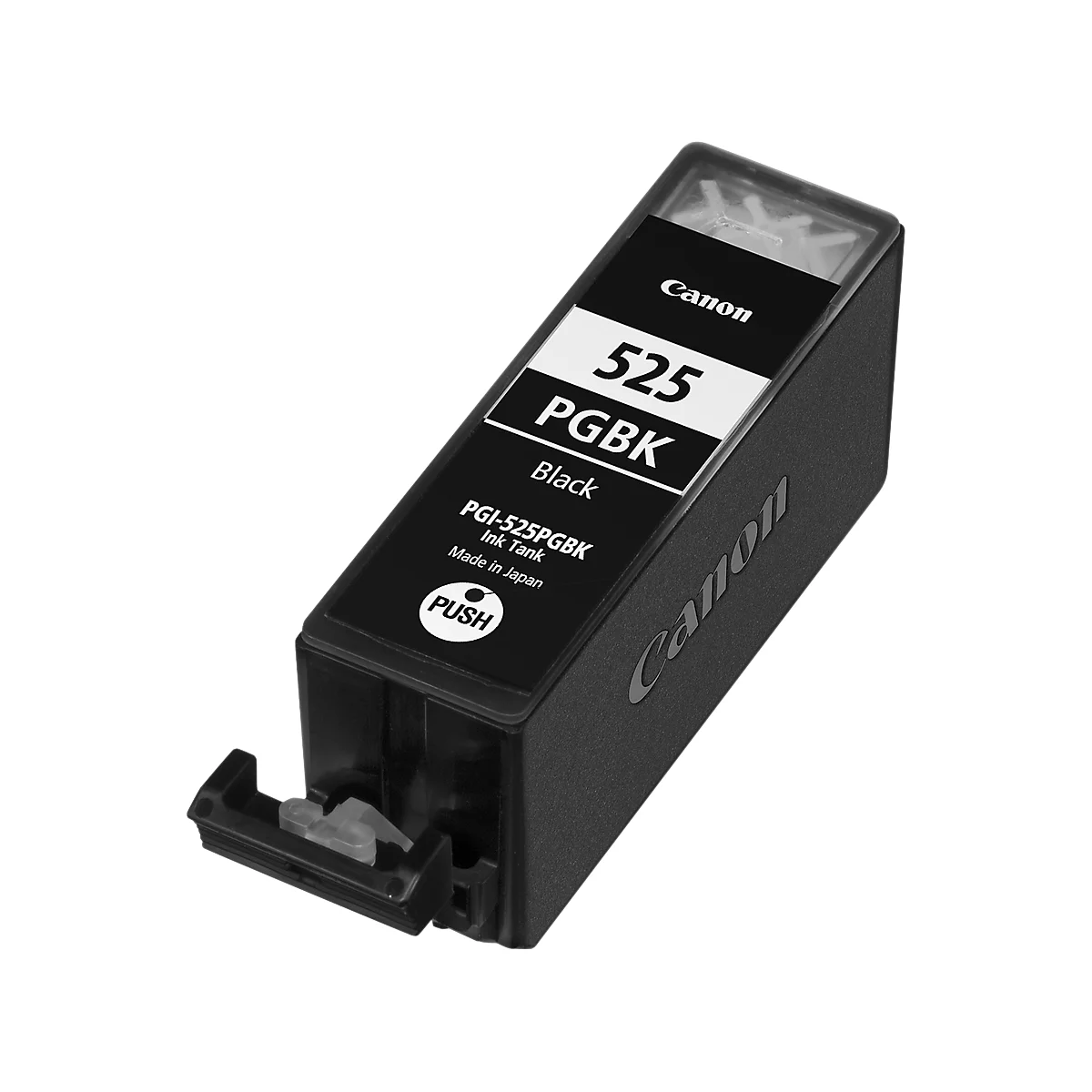 Black Canon ink cartridge 525 PGBK. Inscription: PGI-525PGBK Ink Tank, Made in Japan, PUSH.