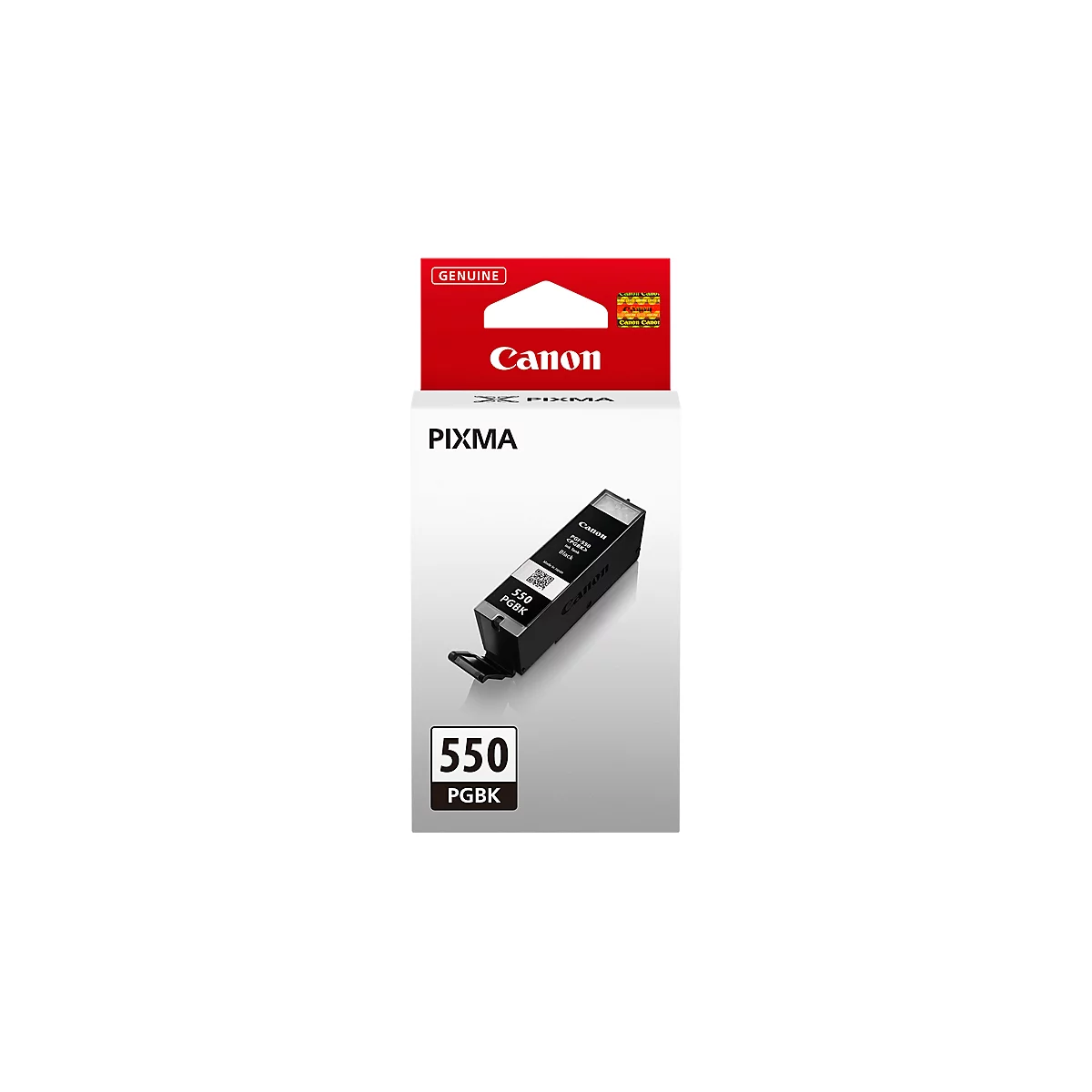 A black Canon ink cartridge 550 PGBK against a white background. The package says "Genuine" and "Canon".