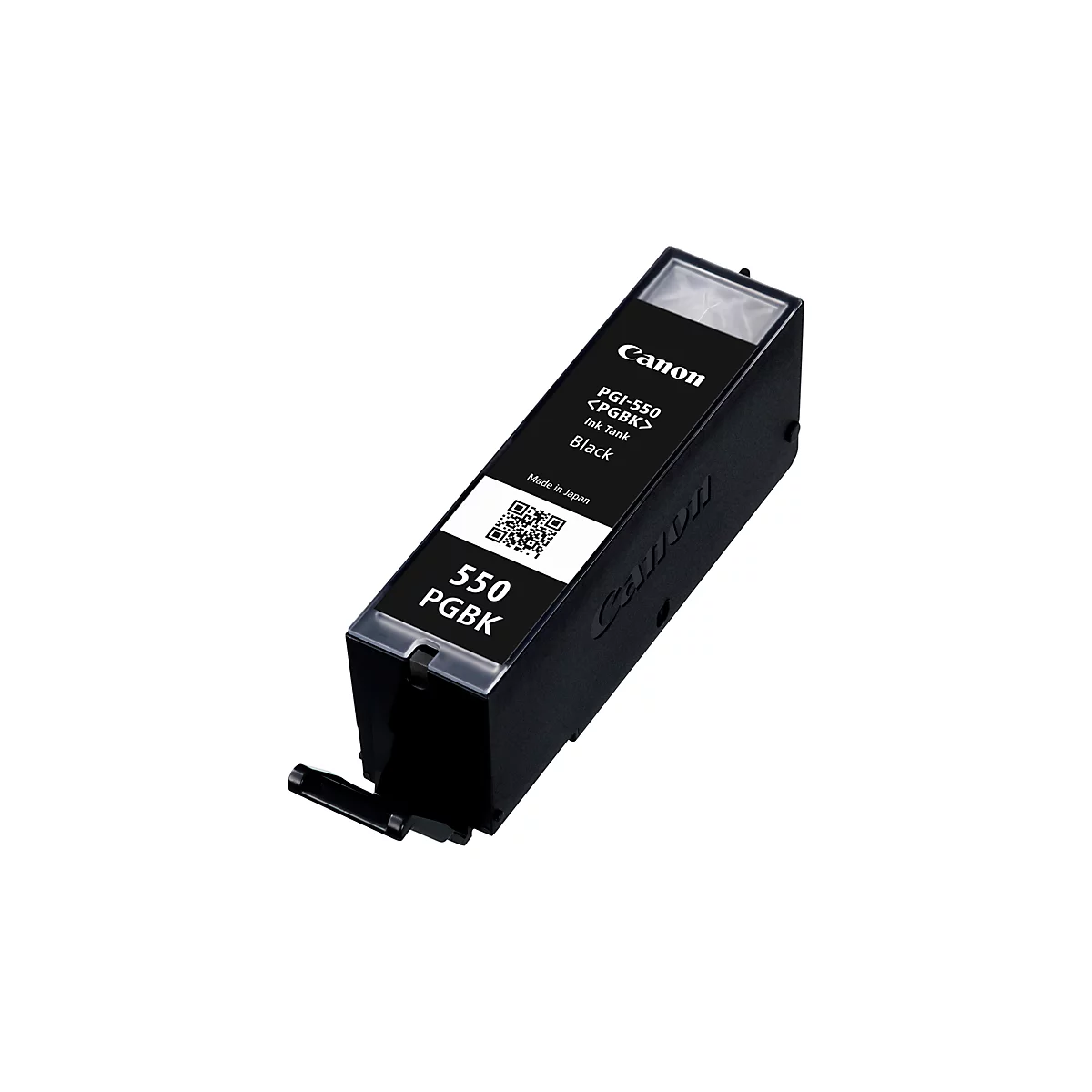 Black Canon ink cartridge. Inscription: PGI-550 PGBK Black, Made in Japan. QR code on a white label.