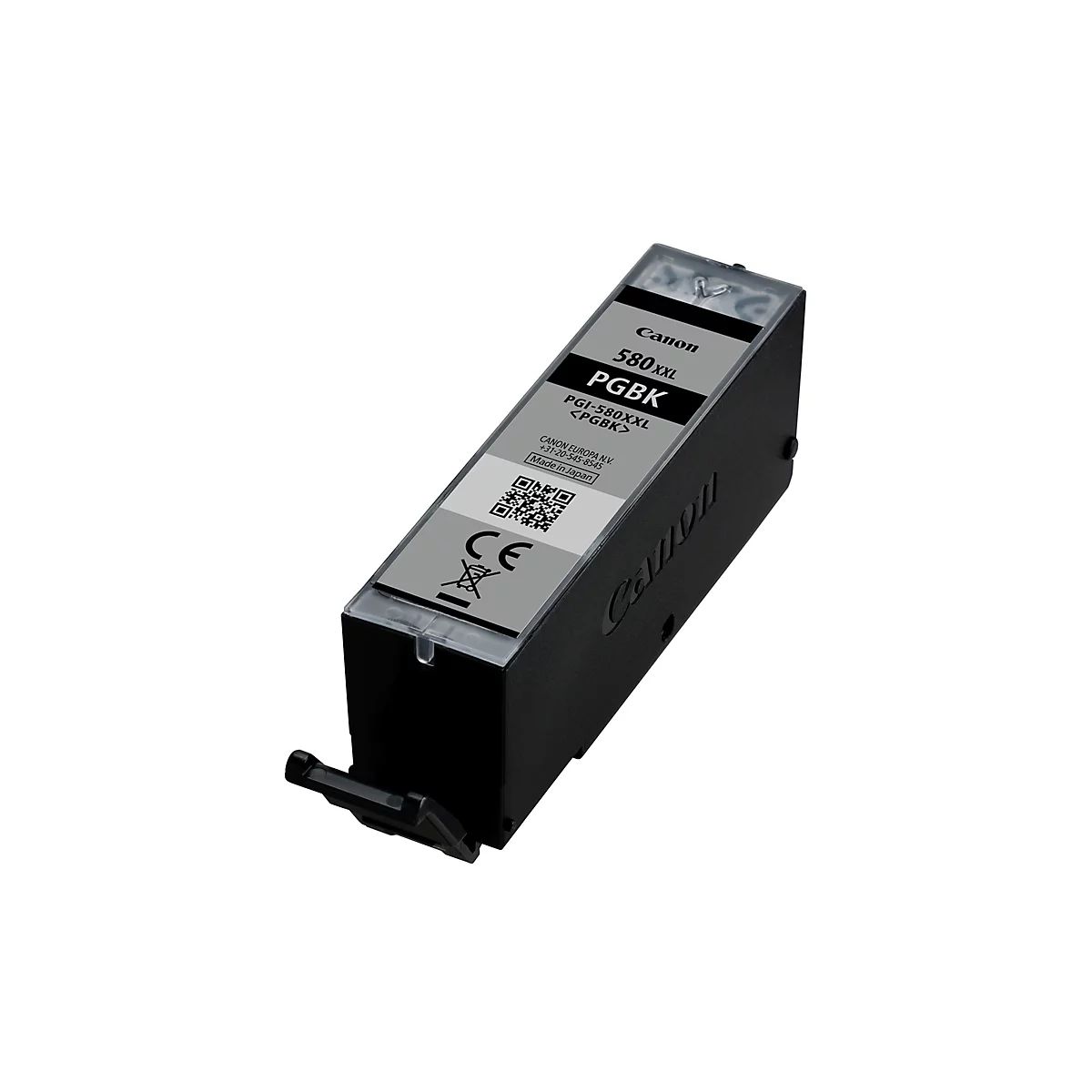 A black Canon ink cartridge, model PGBK 580XL.