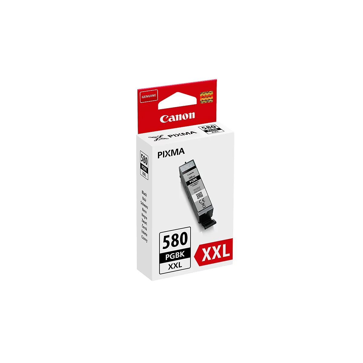 A Canon PIXMA 580 PGBK XXL ink cartridge, in a white box with a red band.