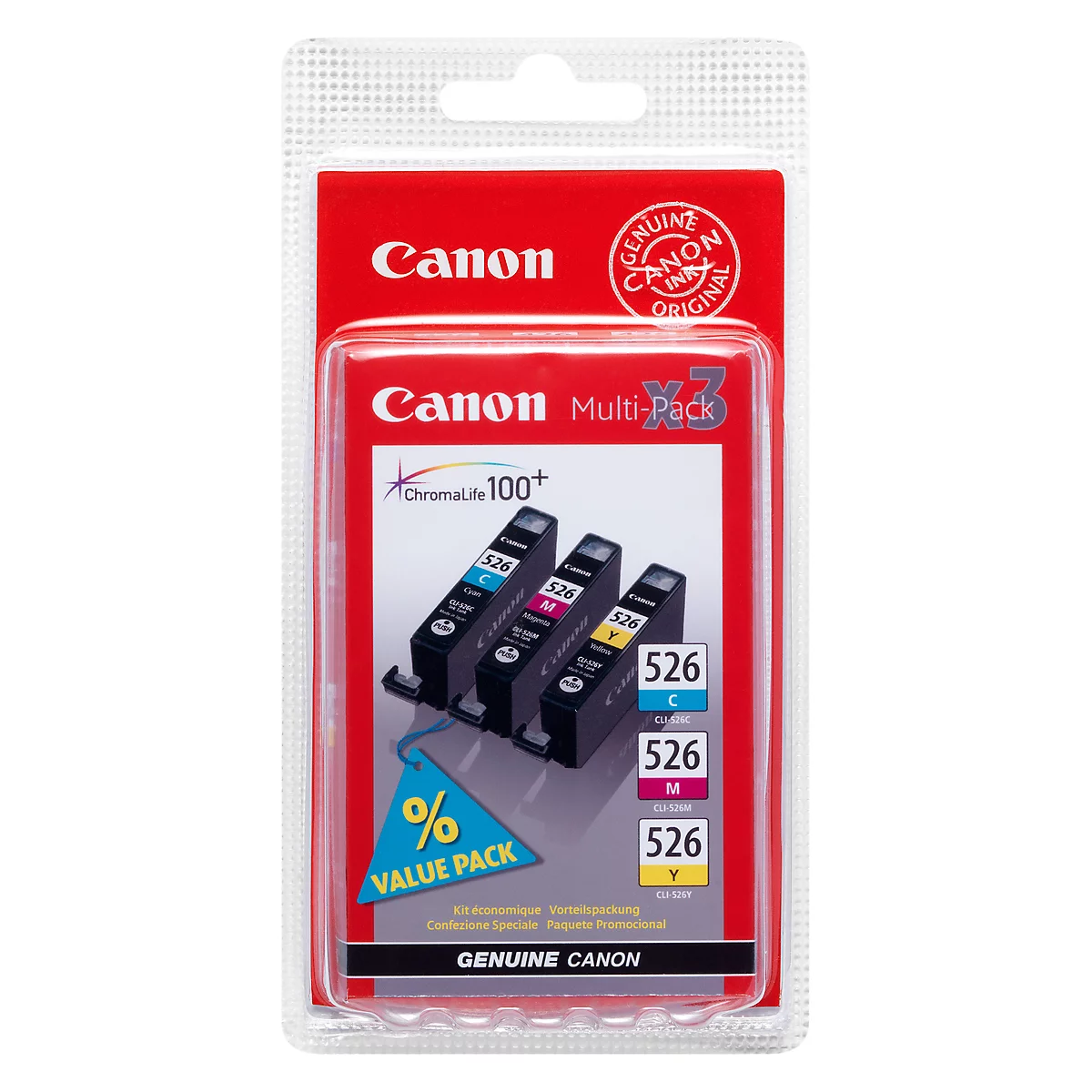 Canon ink cartridge pack, red, with three cartridges in black, blue and yellow.
