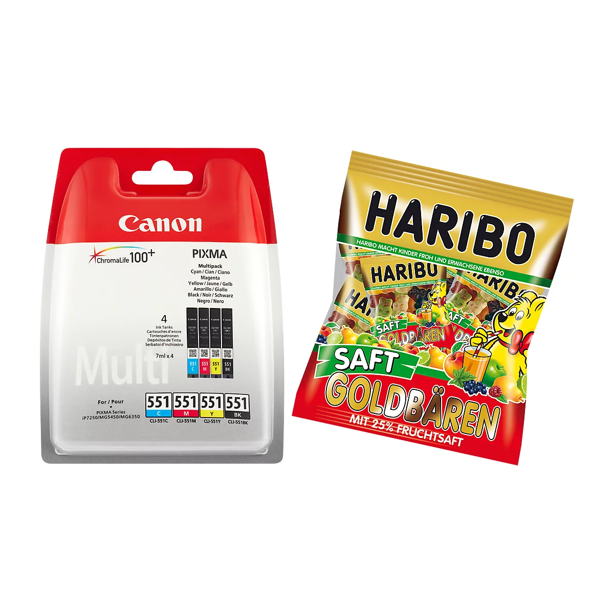 Canon ink cartridge and Haribo Goldbears packet. Both items are shown on a white background.