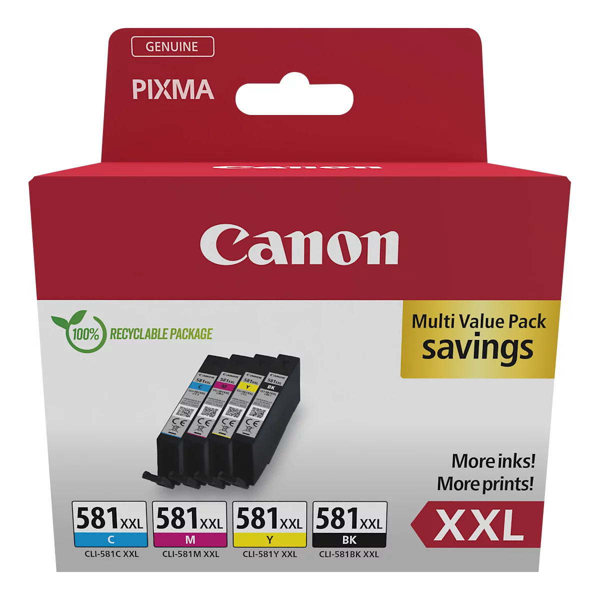 A red Canon ink cartridge box with four colored cartridges. Inscription: "XXL, More ink! More prints!" and "100% recyclable package".