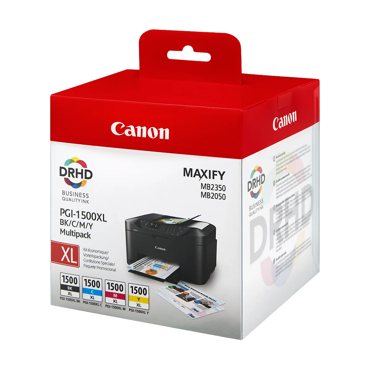 A Canon ink cartridge box with a printer image, product names, and logos.
