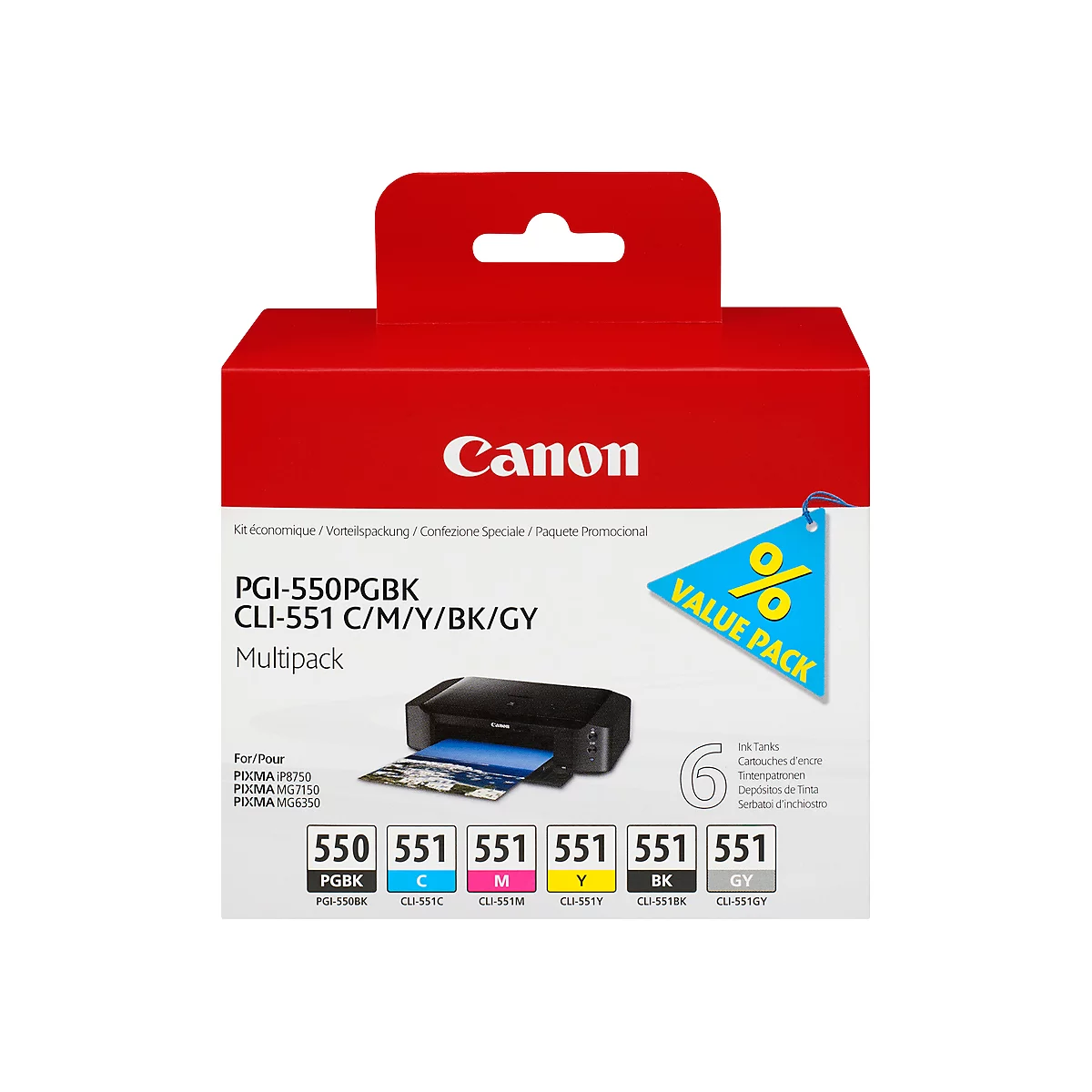 Original Canon Tintenpatronen PGI-550 PB/CLI-551 CMYBG, Mixpack, cyan, magenta, gelb, schwarz, schwarz-pigmentiert, grau