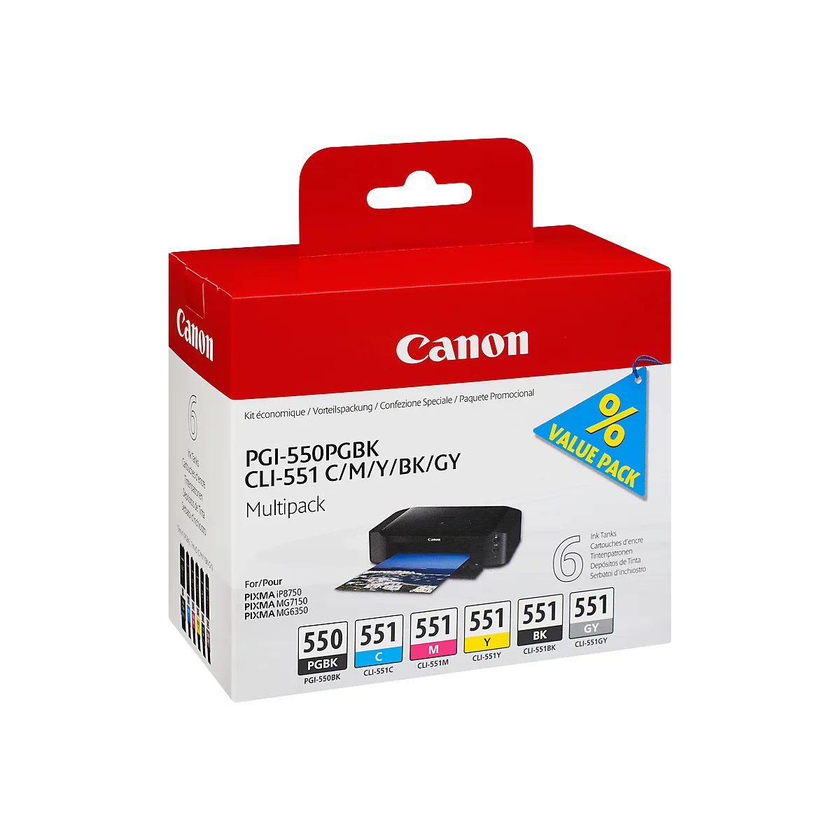 Original Canon Tintenpatronen PGI-550 PB/CLI-551 CMYBG, Mixpack, cyan, magenta, gelb, schwarz, schwarz-pigmentiert, grau