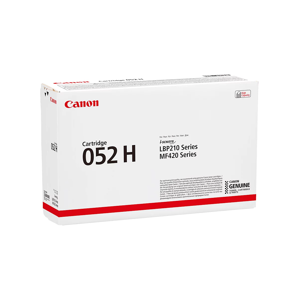White Canon cartridge box with red Canon logo. The box reads "Cartridge 052 H" and "LBP210 Series MF420 Series".
