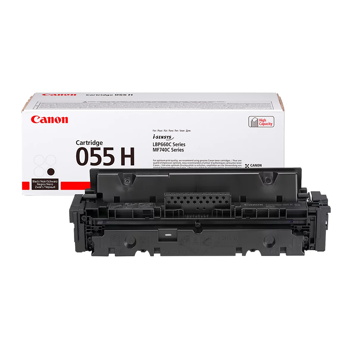 Black toner cartridge with open Canon box, print: Cartridge 055 H.
