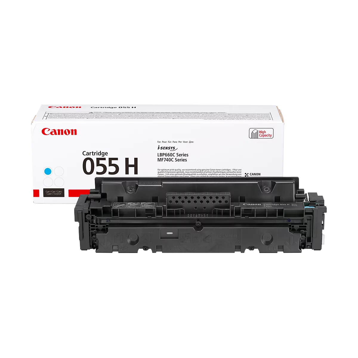 Black Canon toner with cartridge and packaging. Prints: Canon, Cartridge 055 H, i-SENSYS LBP660C Series, MF740C Series.