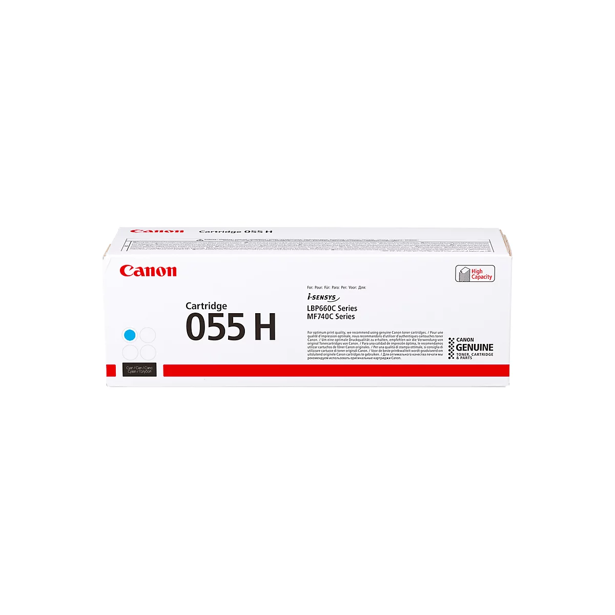 White Canon cartridge with red and blue lettering. Inscription: Cartridge 055H, I-SENSYS, LBP660C Series, MF740C Series, High Capacity.