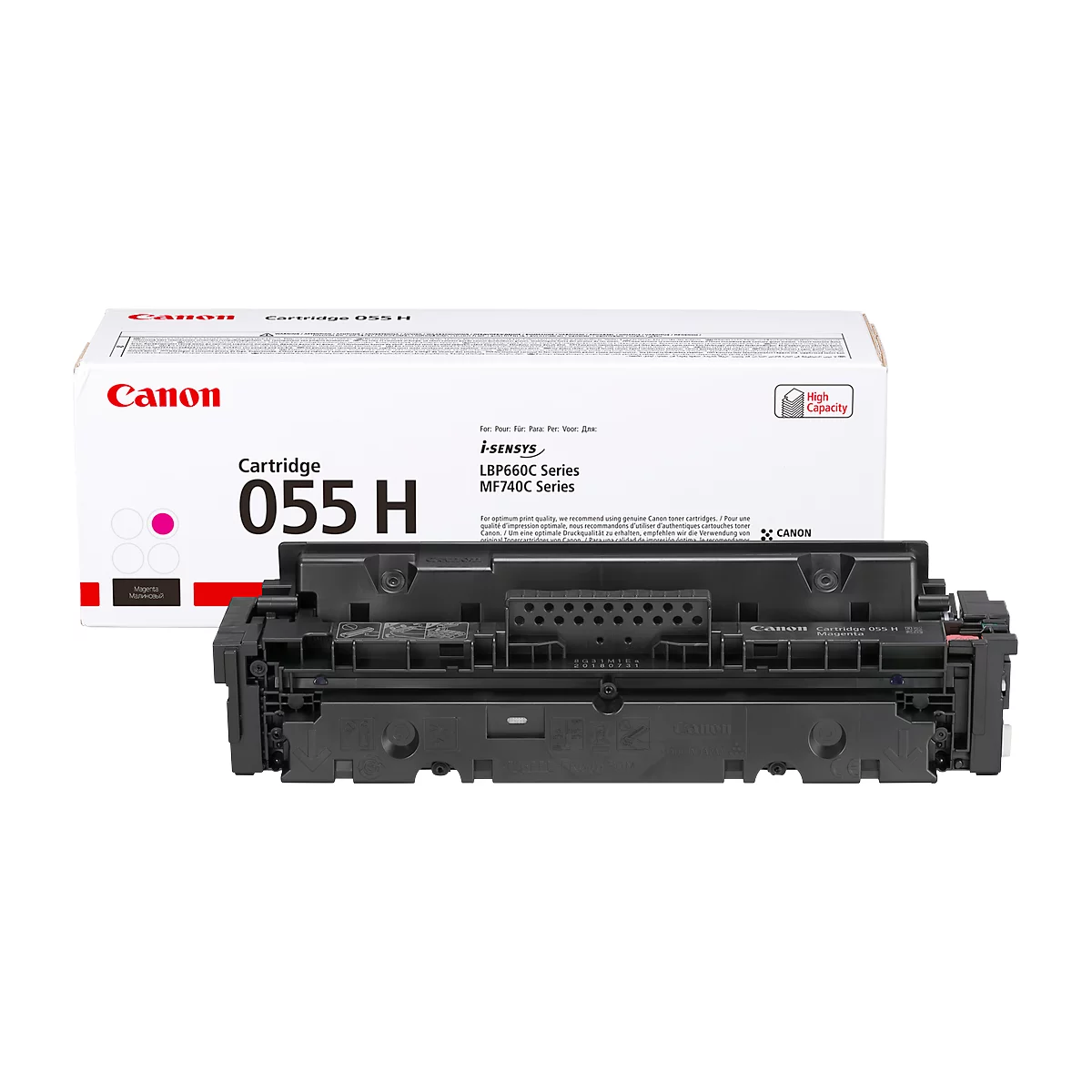 Black toner cartridge with a pink dot and "055 H" printed on it, in front of a white box with the Canon logo and "High Capacity".