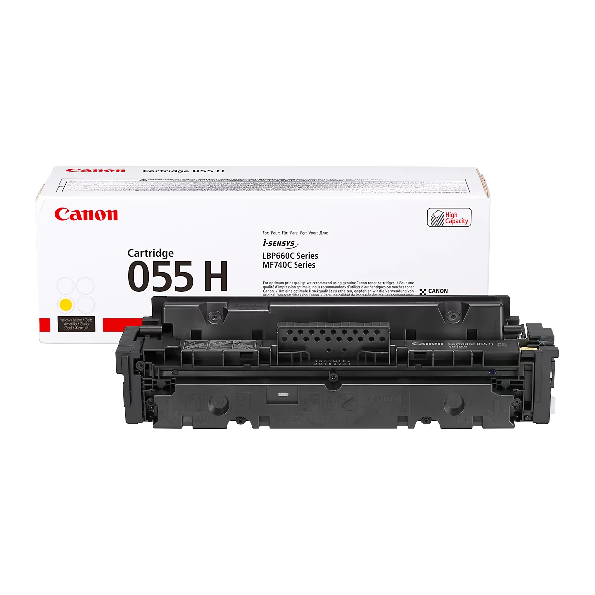 Canon 055 H toner cartridge and packaging. Black cartridge in focus.