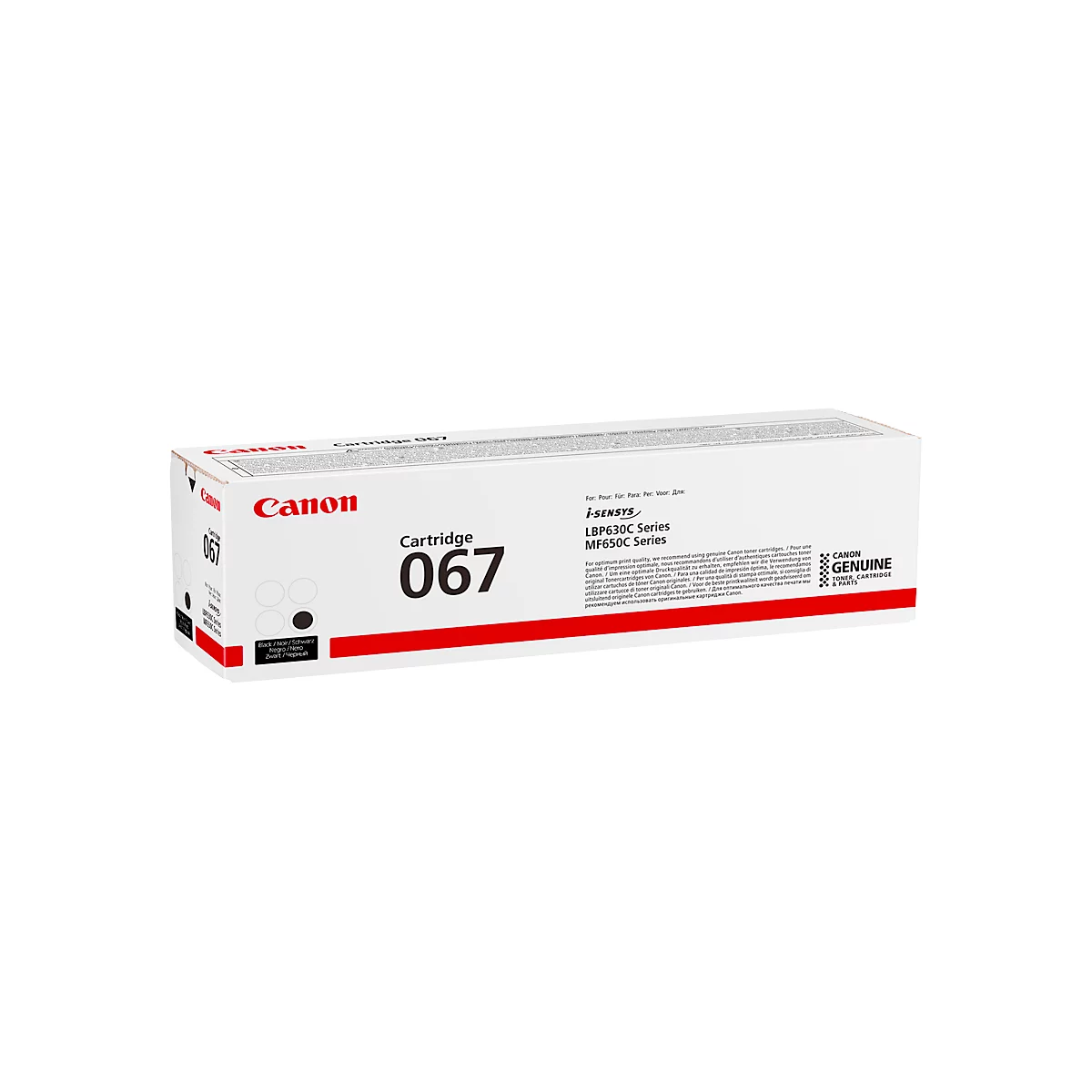Karton mit Canon Cartridge 067. Weiß mit roten Akzenten. Canon Logo, Produktbezeichnung und Serienbezeichnung.