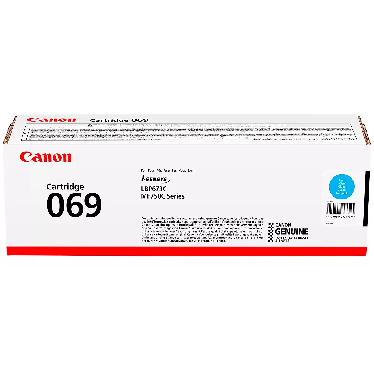 A Canon printer cartridge in its packaging. Inscription: Cartridge 069, Canon, i-SENSYS. Blue label with barcode.