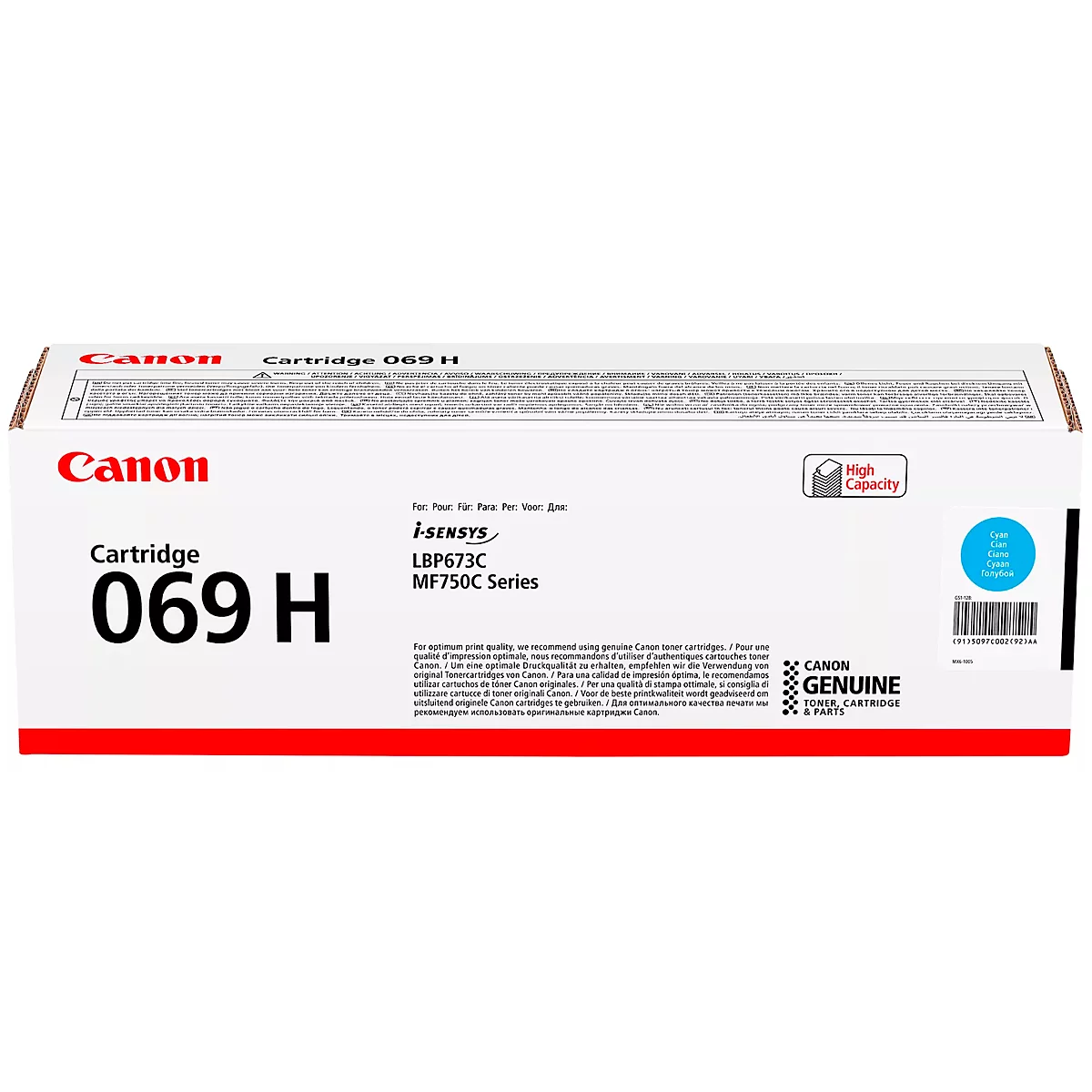 White Canon toner cartridge with red lettering. Inscription: Cartridge 069 H, i-SENSYS LBP673C MF750C series. High Capacity.
