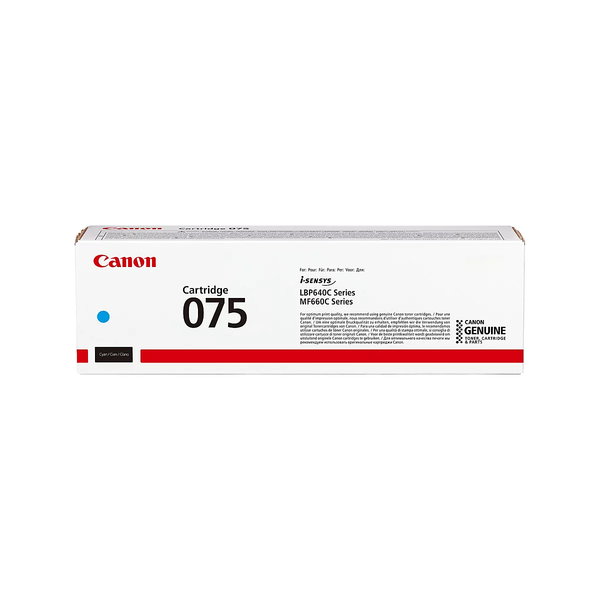 Canon Druckerpatrone 075, weiße Verpackung mit rotem Streifen und blauem Punkt.