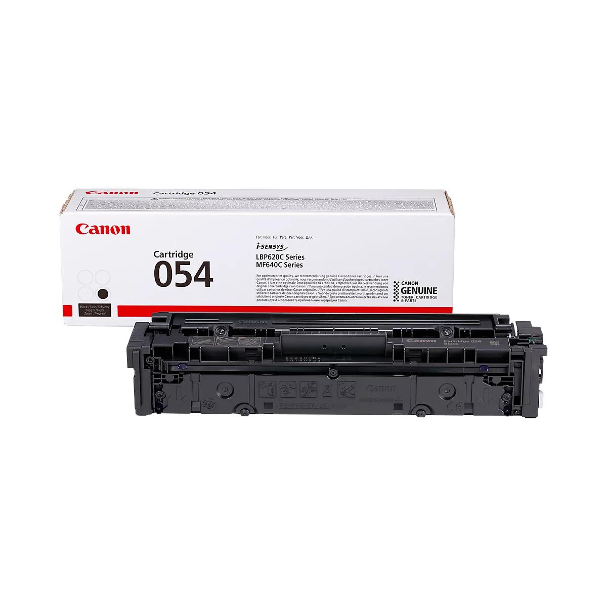 A Canon toner cartridge and packaging. Black cartridge, white packaging with logo and lettering.