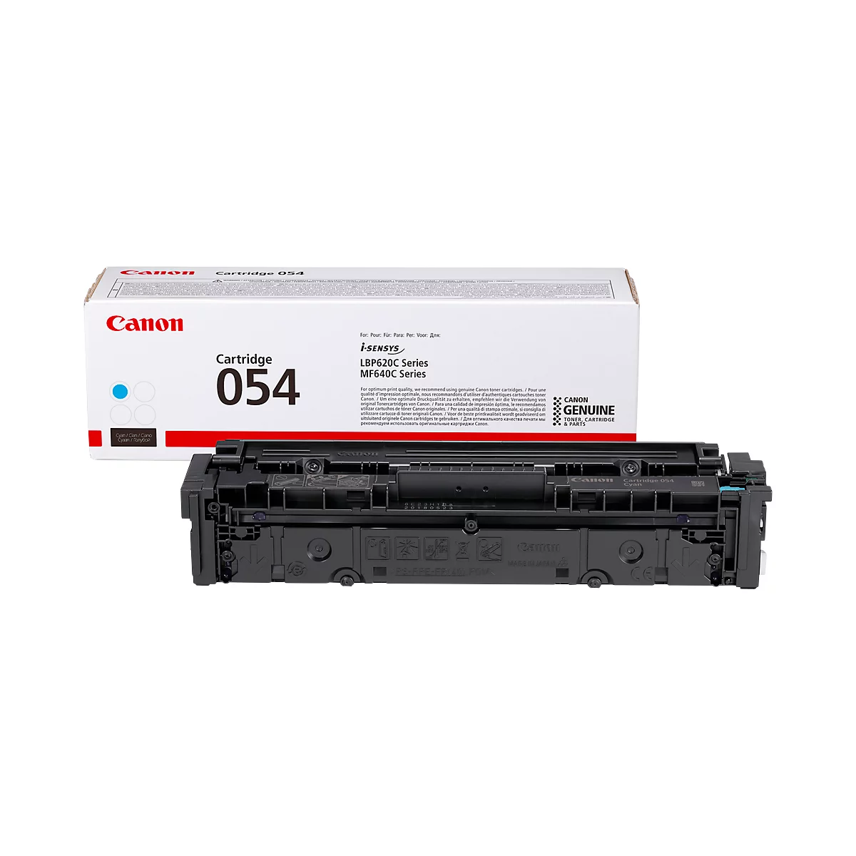 Canon toner cartridge 054, package and cartridge. The package shows text: 'Cartridge 054'.