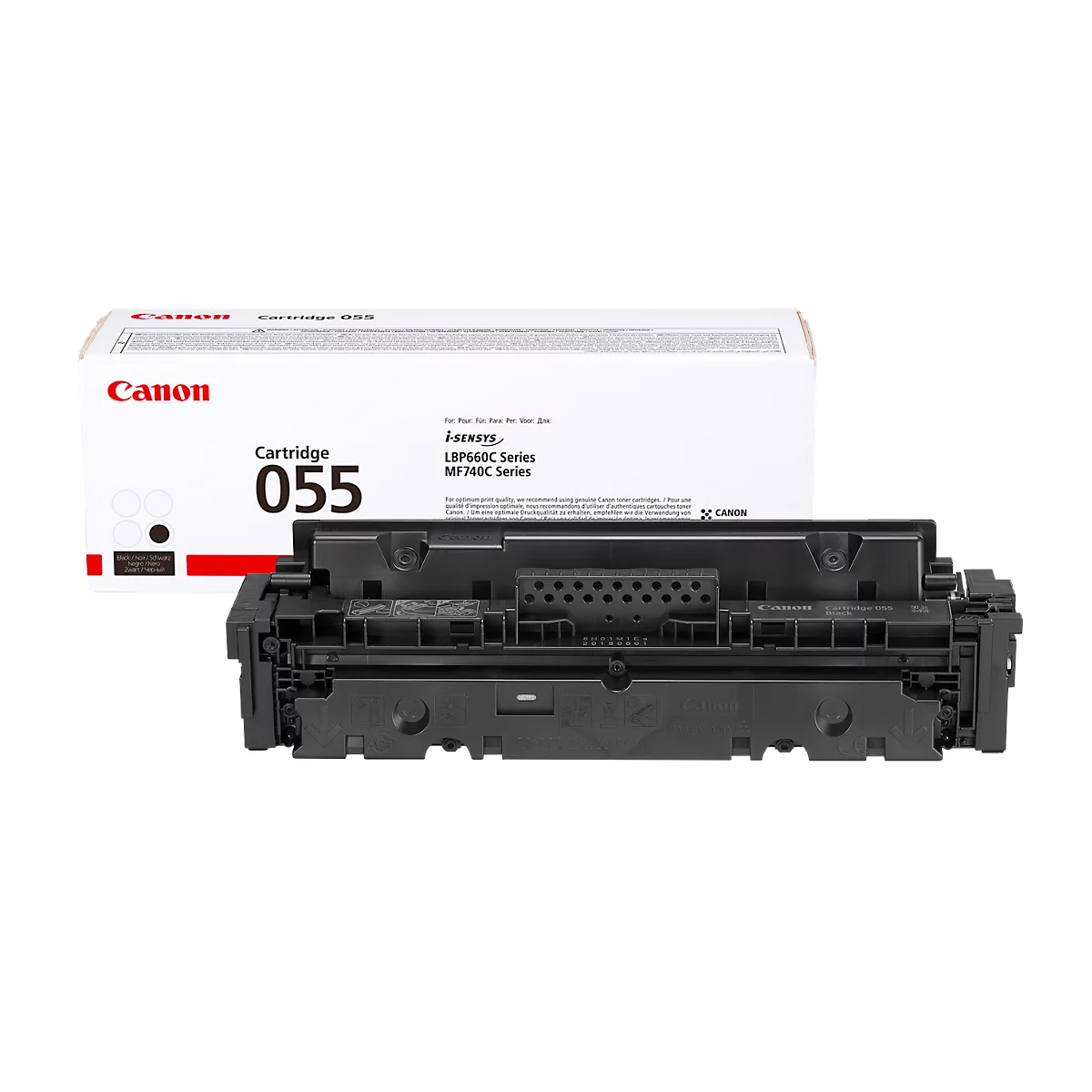 Black Canon 055 printer cartridge with white packaging. The Canon logo is clearly visible.