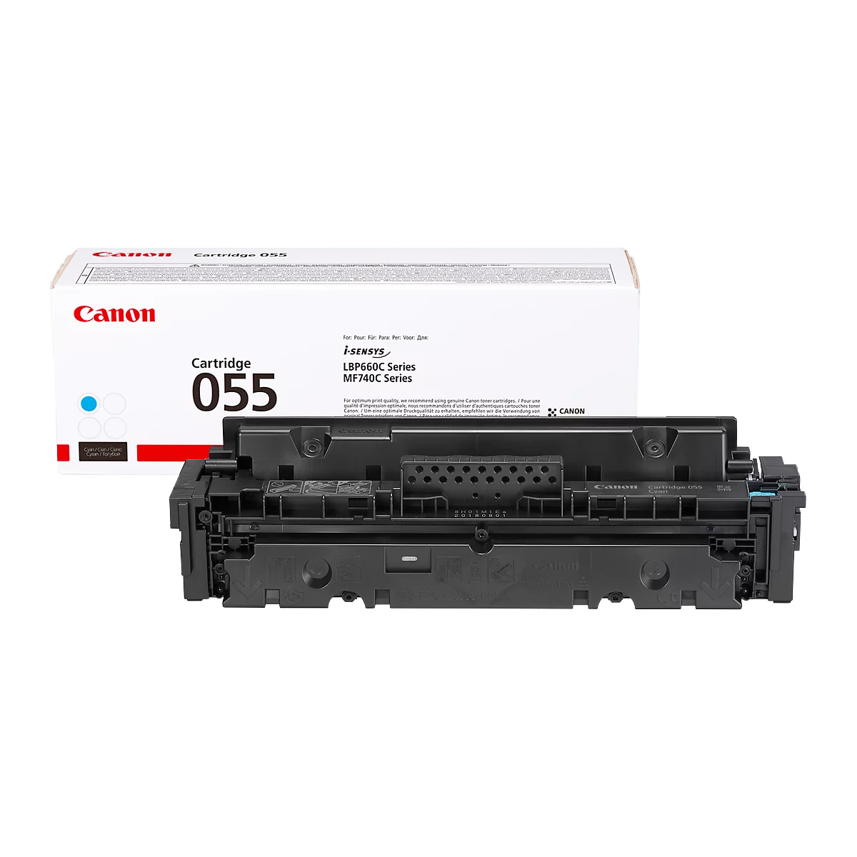 A Canon cartridge 055 in front of a white box with the Canon logo.