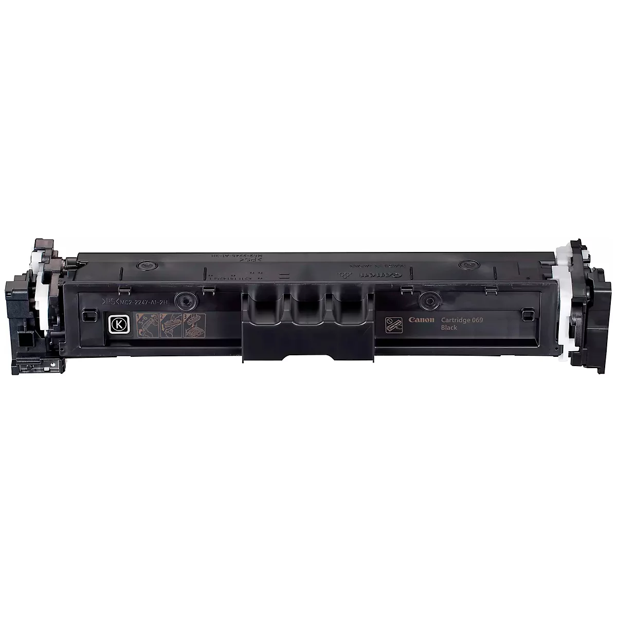 A black toner cartridge. The brand name CANON and other lettering can be seen on the cartridge.