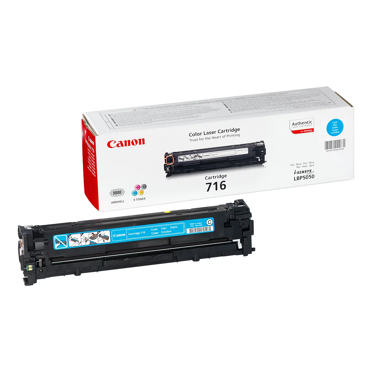 A black Canon toner cartridge and its packaging. The packaging says "Canon" and "716".