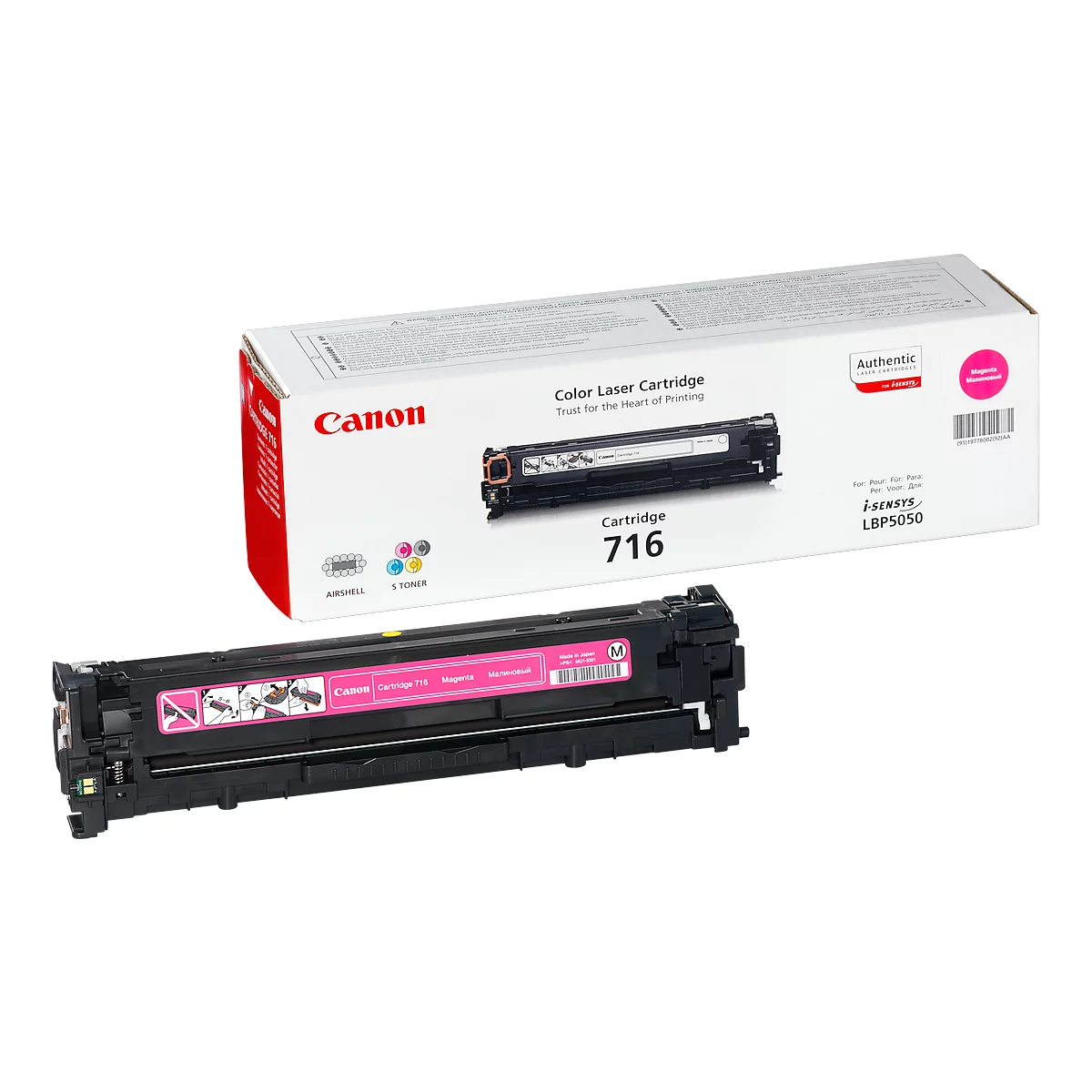 A Canon toner cartridge and its packaging. The cartridge is pink. The box says 'Color Laser Cartridge' and 'Cartridge 716'.
