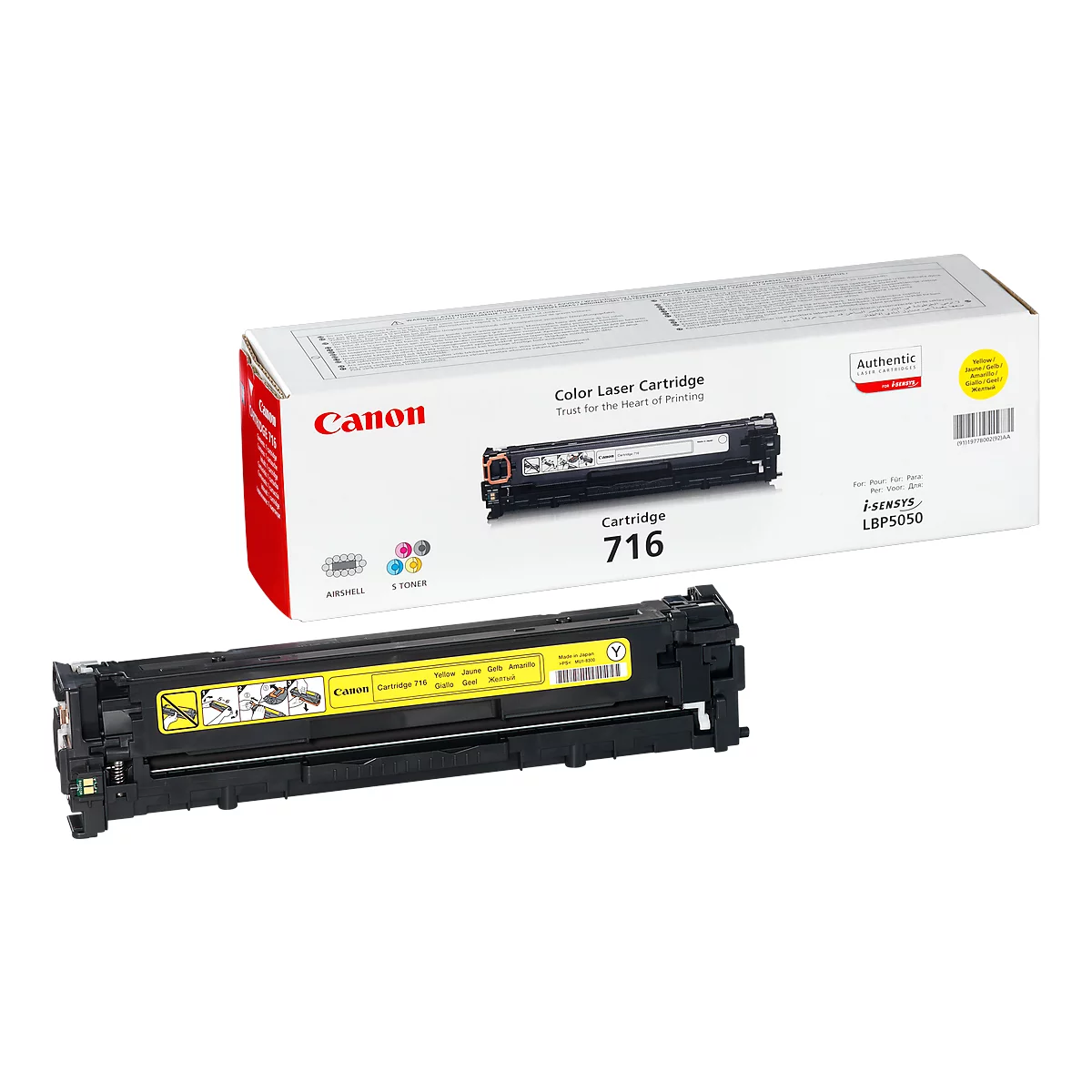 A yellow Canon color laser cartridge. Next to it, the packaging with the logo and the words 'Cartridge 716'.