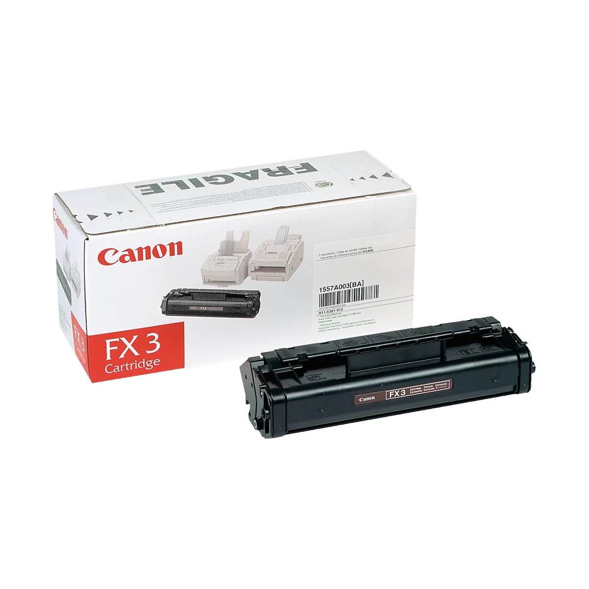 Canon FX3 toner cartridge, next to a white box with product illustrations, text, and the Canon logo.