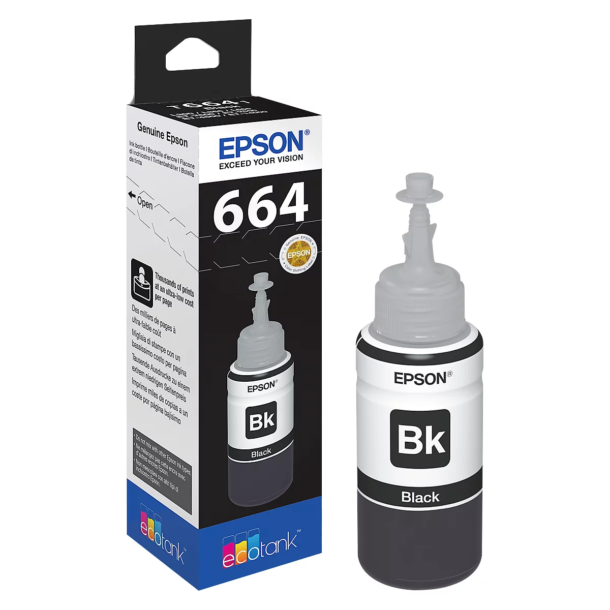 Epson ink bottle and box with the imprint '664 Bk Black'.