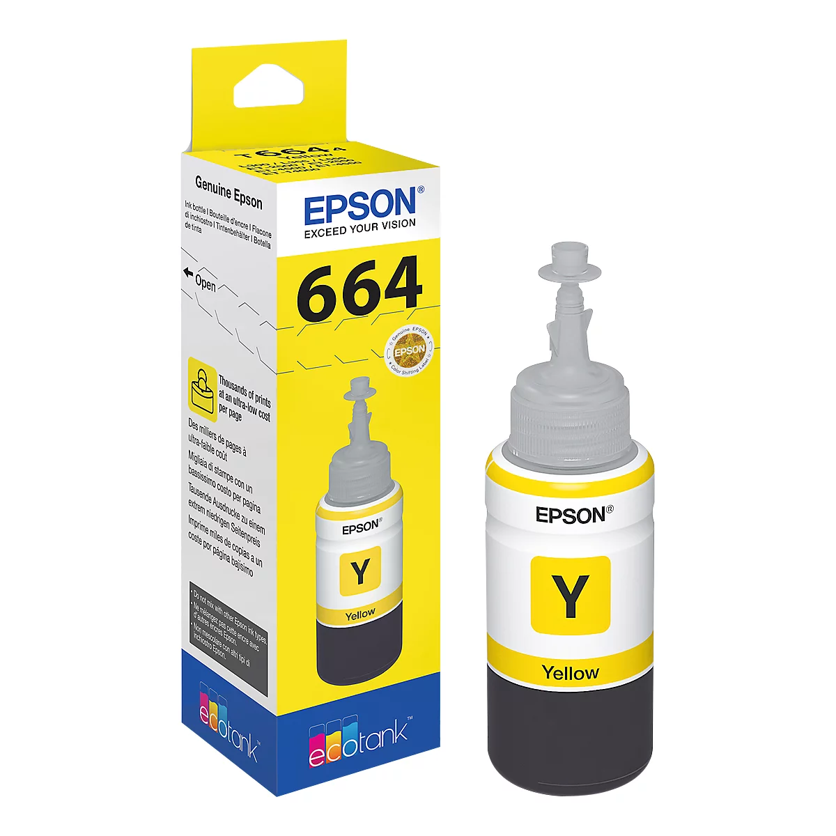 Yellow Epson ink bottle and its packaging. Text 664, yellow. Printed 'Yellow'.