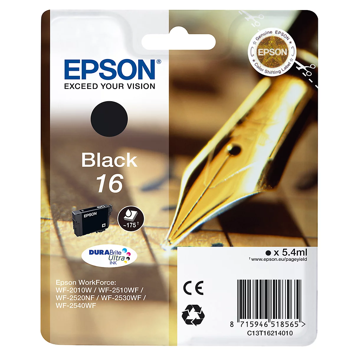 Epson ink cartridge Black 16, with calligraphy pen. Black ink, 5.4ml.
