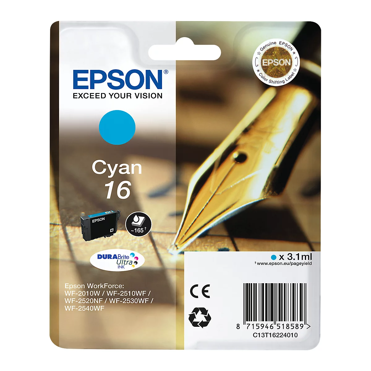 Epson cyan ink cartridge, with a fountain pen depicted. Printed: Cyan 16.