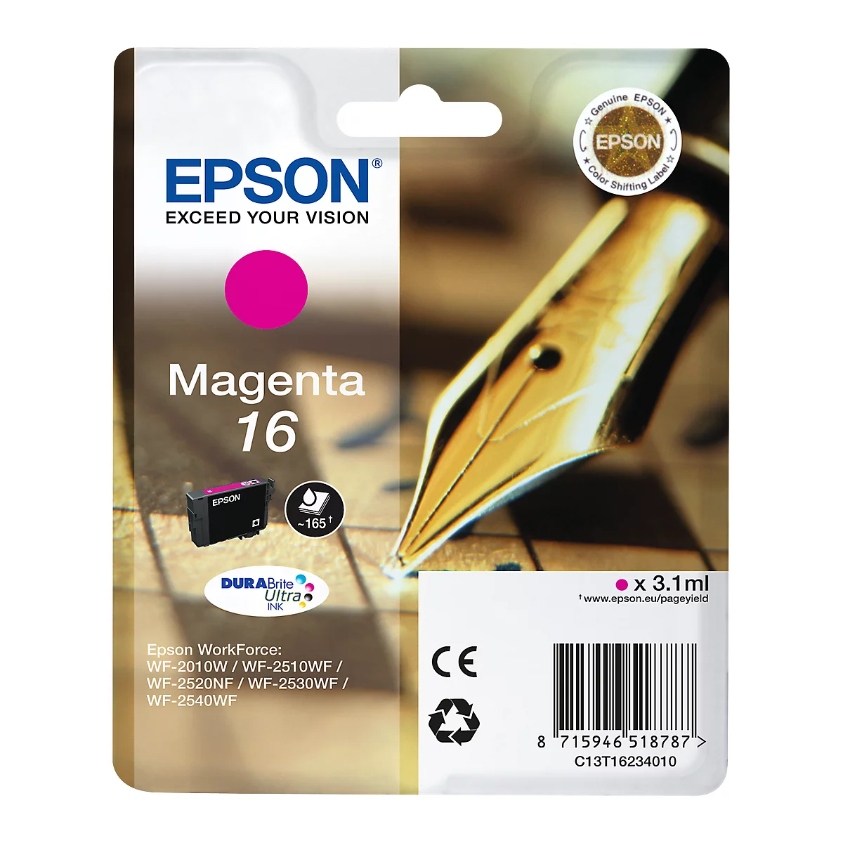 Magenta ink cartridge from Epson. Text: Magenta 16. Below: Epson WorkForce.