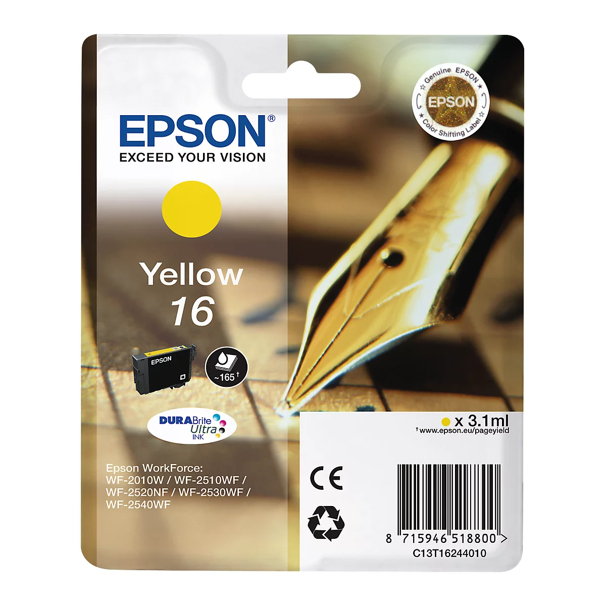 Yellow Epson ink cartridge, package of yellow ink. Printed logos and product details.