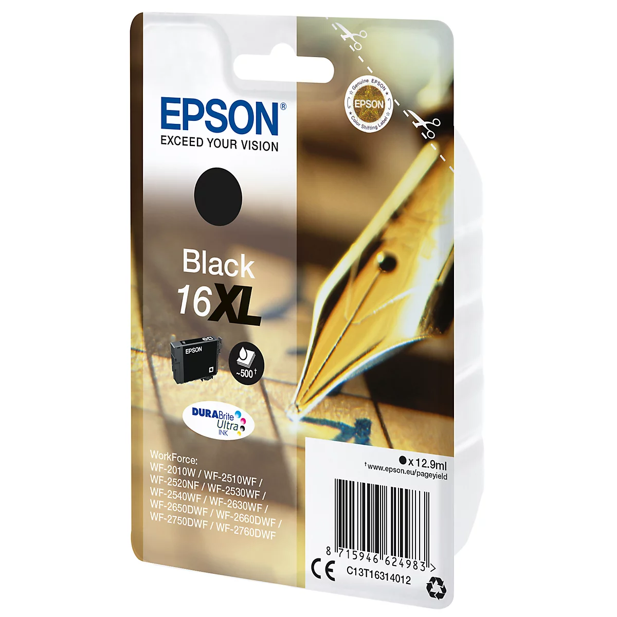 Black ink cartridge by Epson. Inscription: Black 16XL. Also depicted is a feather.