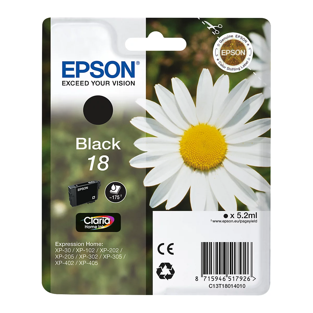 Black Epson ink cartridge No. 18, in front of daisies. Text: Epson, Black 18, Claria Home Ink. Product information and barcode.