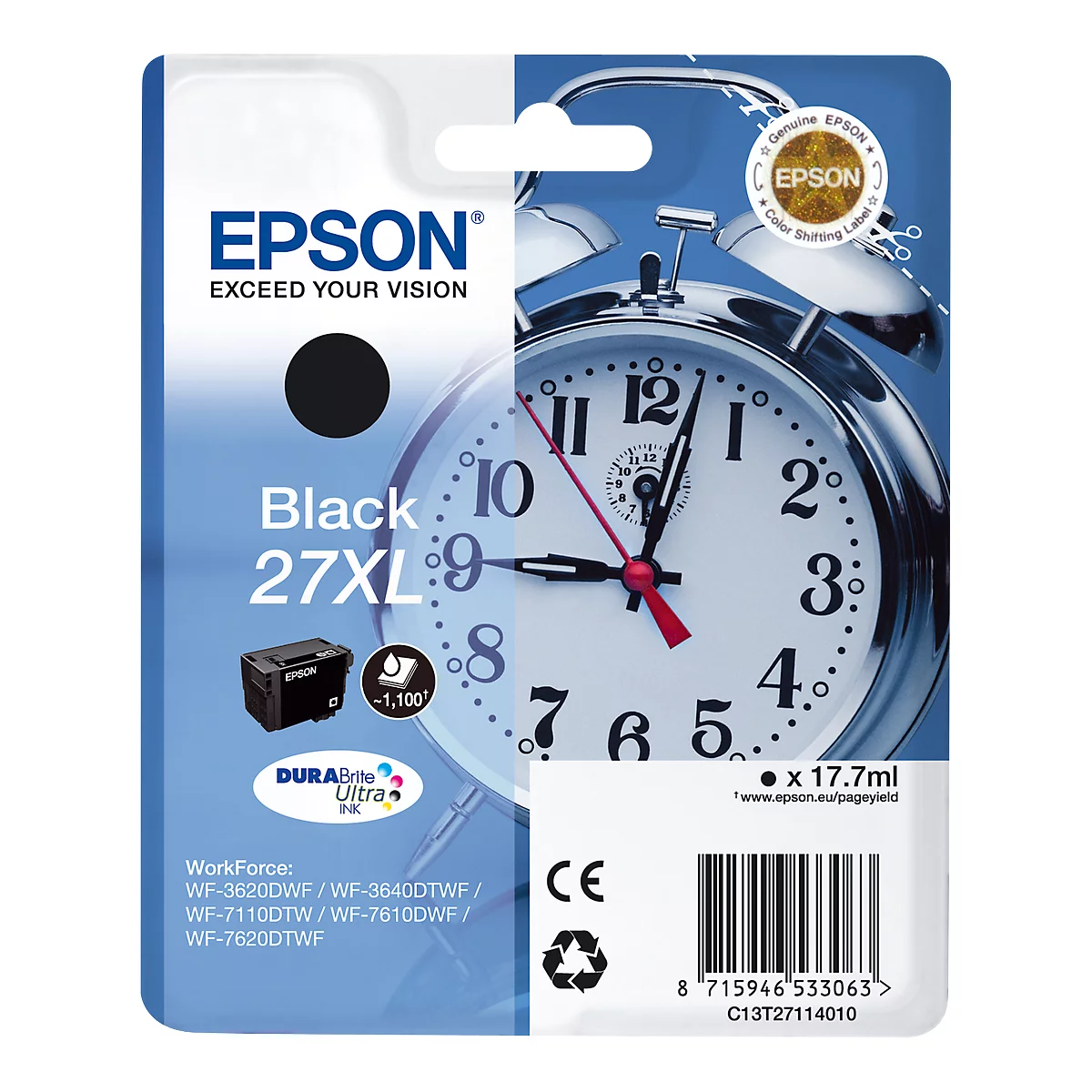 Black Epson 27XL ink cartridge with an alarm clock background. Product information and durability specifications are also included.