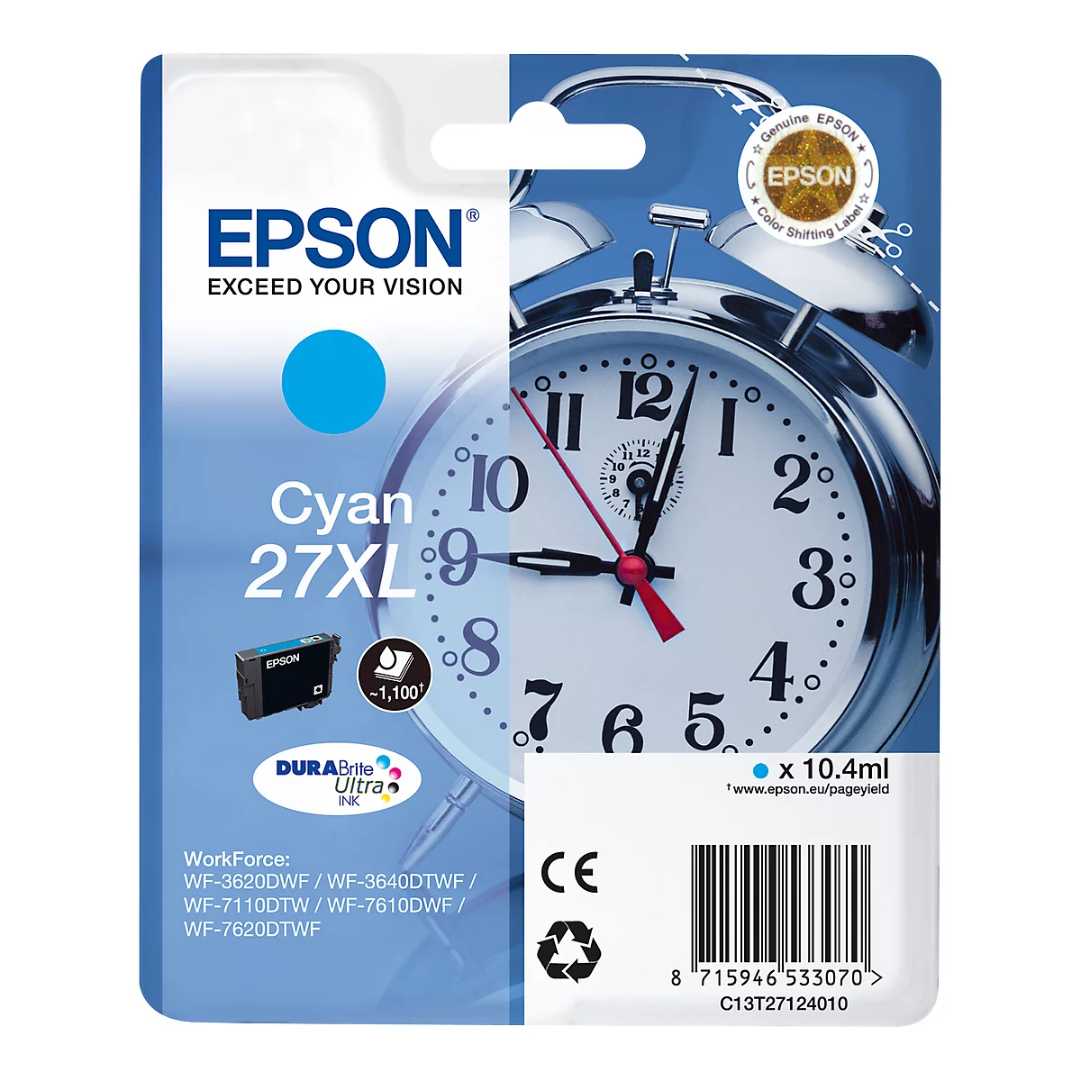 An Epson cyan ink cartridge with a clock in the background and product information.