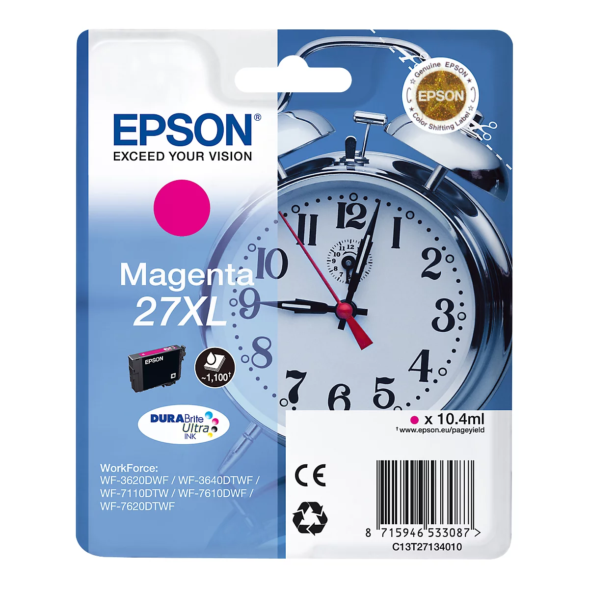 A magenta Epson ink cartridge with a clockwork in the background. Product information and the Epson logo are shown on the packaging.