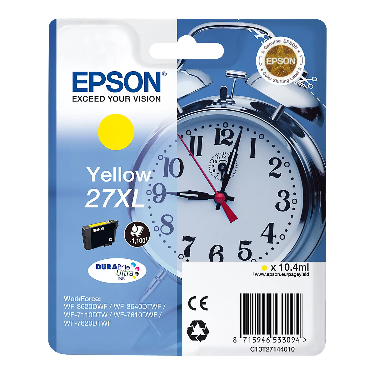 Packaging of a yellow Epson 27XL ink cartridge. A clock face is visible in the background.