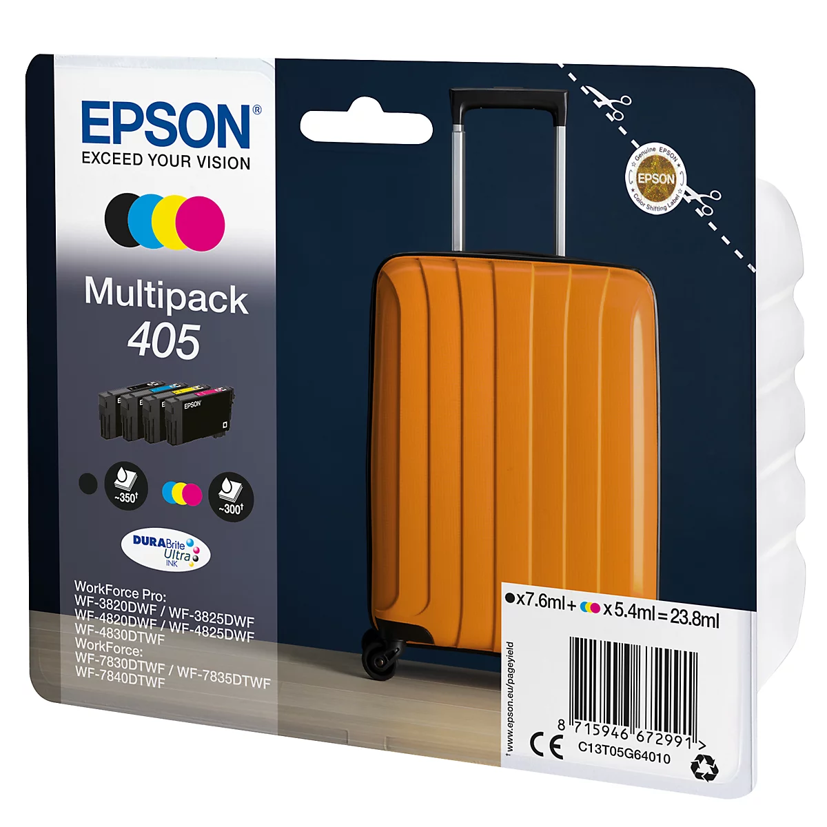 An Epson ink cartridge multipack package with the image of an orange suitcase picking up on the theme of travel.